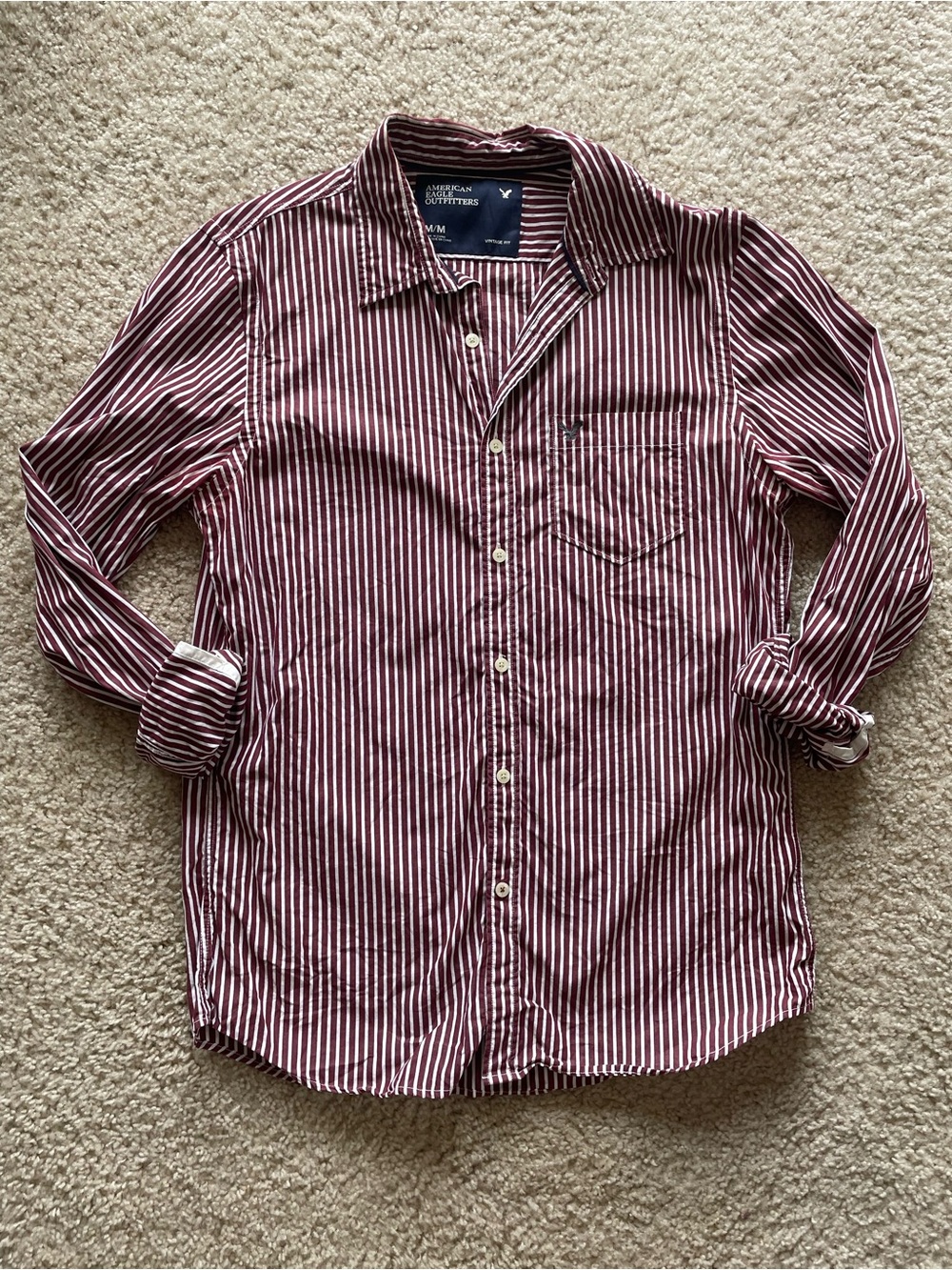 American Eagle Outfitters Men’s Burgundy Striped Button-Up Shirt
